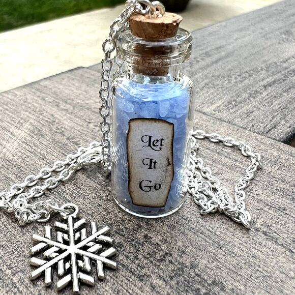 Let It Go Frozen Snow Blue Crystal Mini Vial Snowflake Necklace New - Picture 1 of 4